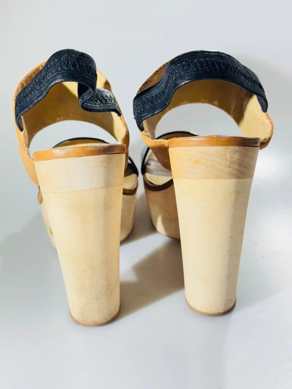 LEVITY Leather & Patent Platform Sandals With Elastic Strap & Wooden Block Heels